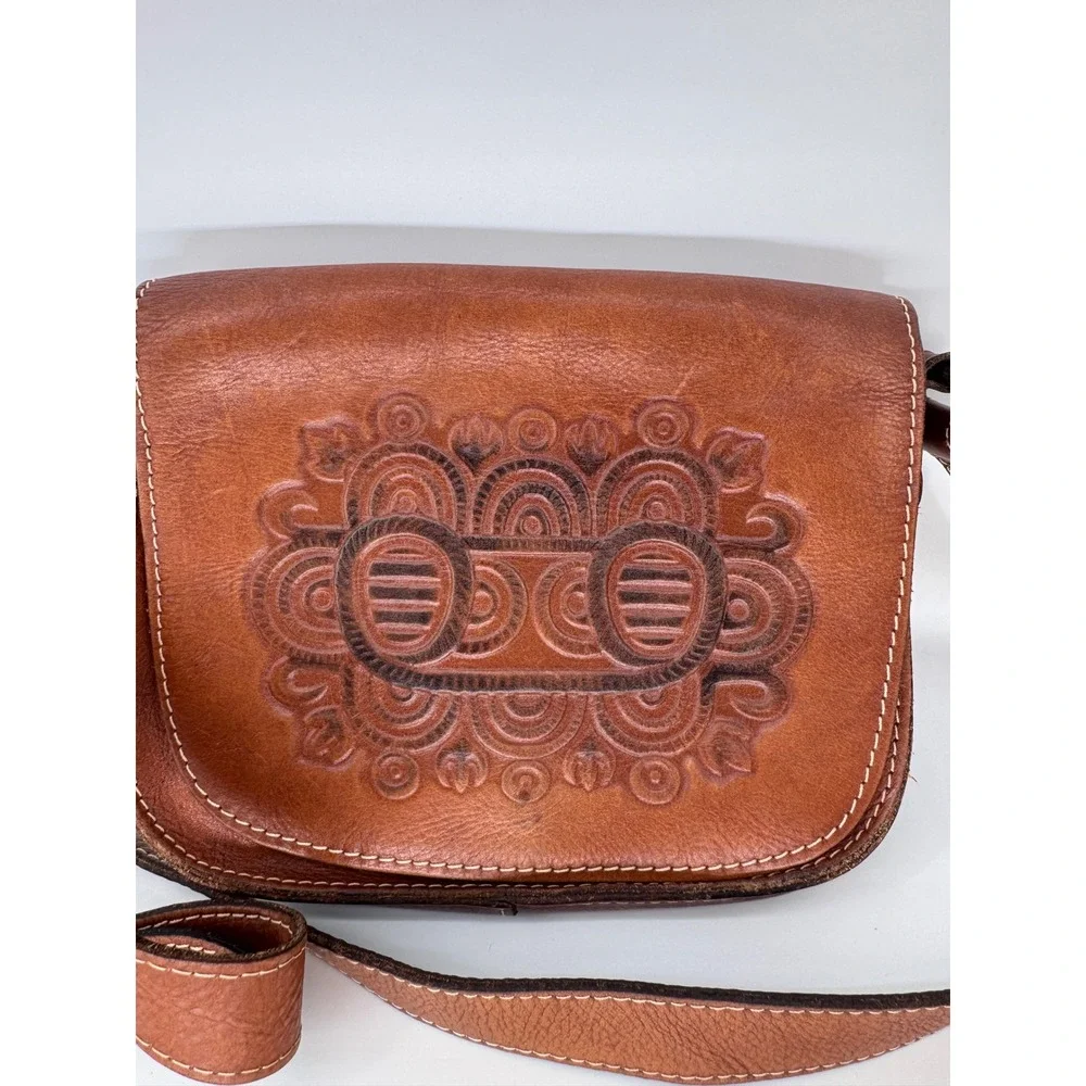 Patricia Nash Tooled Leather Crossbody Bag Purse Flap Front Western Saddle Brown